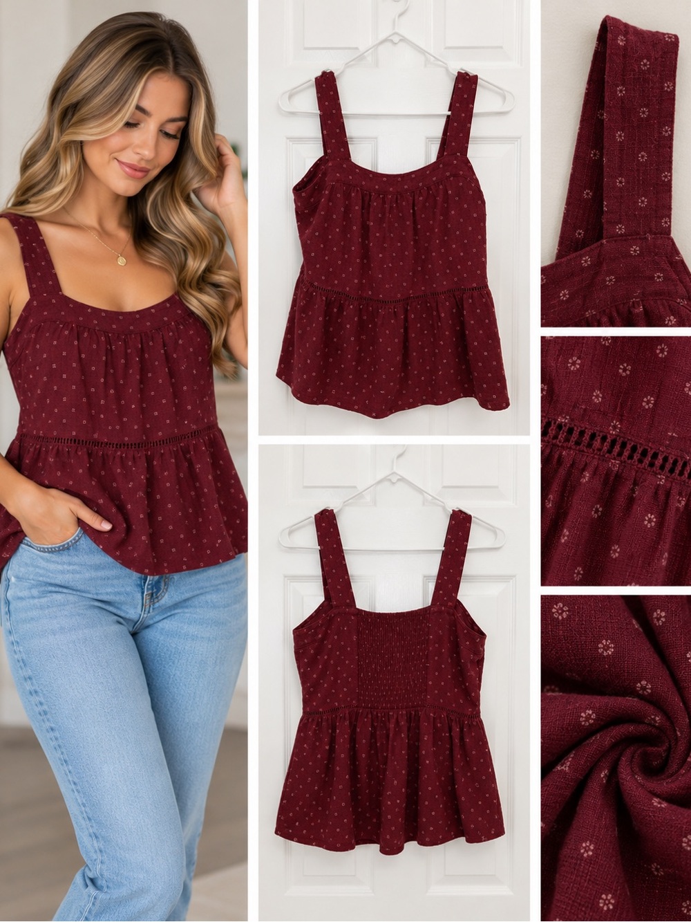 Signature Burgundy Ditsy Peplum Tank Top